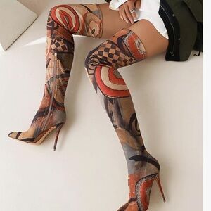 Women Printed Stretchy Thigh High Boots Pointy Toe Stiletto | Size 11
